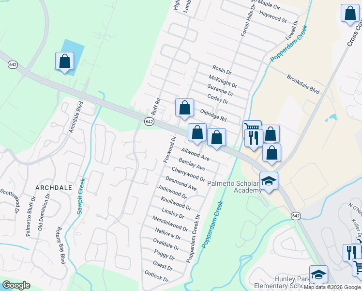 map of restaurants, bars, coffee shops, grocery stores, and more near 7751 Dorchester Road in North Charleston