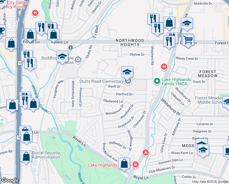 map of restaurants, bars, coffee shops, grocery stores, and more near 8599 Banff Drive in Dallas