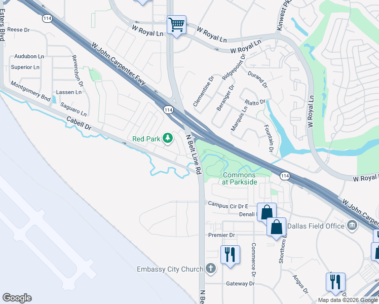 map of restaurants, bars, coffee shops, grocery stores, and more near 6816 Prompton Bend in Irving