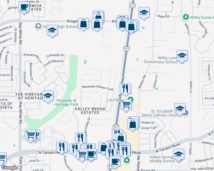 map of restaurants, bars, coffee shops, grocery stores, and more near 9020 Yellow Cedar Trail in Fort Worth