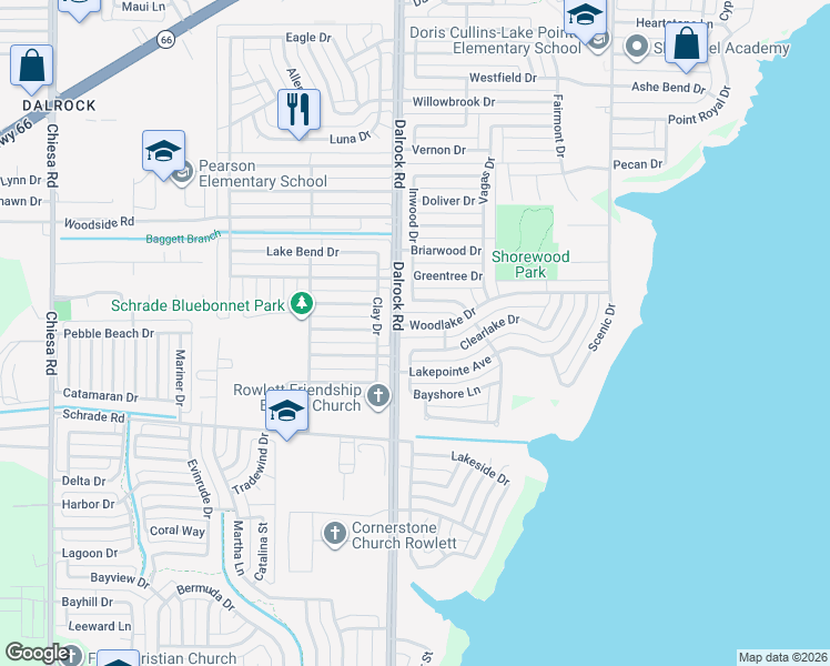 map of restaurants, bars, coffee shops, grocery stores, and more near 8714 Woodlake Drive in Rowlett