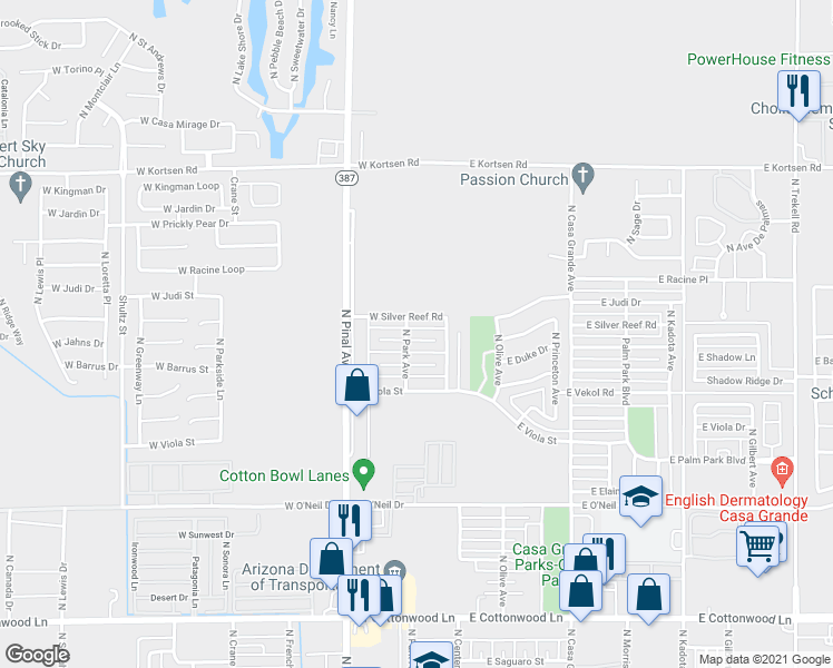 map of restaurants, bars, coffee shops, grocery stores, and more near 132 West Jahns Place in Casa Grande