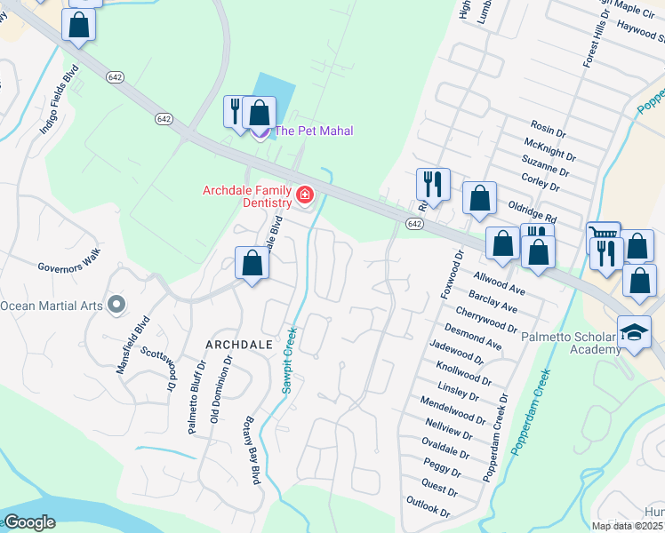 map of restaurants, bars, coffee shops, grocery stores, and more near 99 Shagbark Trail in North Charleston
