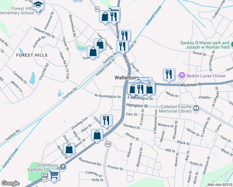 map of restaurants, bars, coffee shops, grocery stores, and more near 31 Klein Street in Walterboro