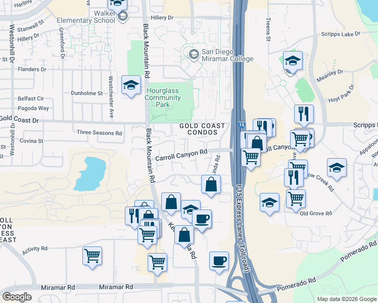 map of restaurants, bars, coffee shops, grocery stores, and more near 9562 Carroll Canyon Road in San Diego