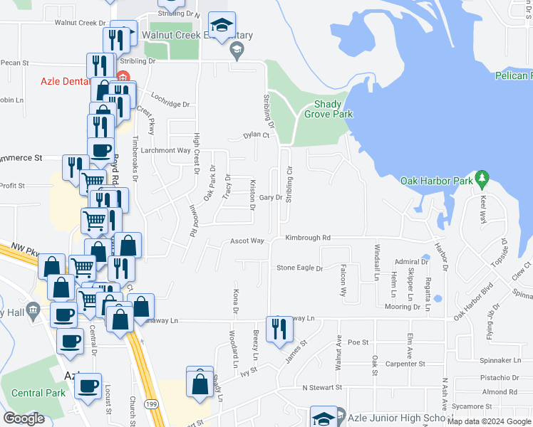 map of restaurants, bars, coffee shops, grocery stores, and more near 621 Madeline Court in Azle