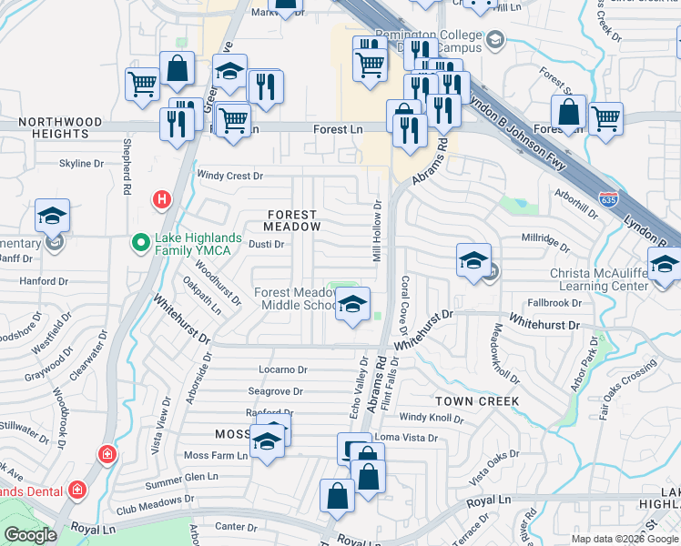 map of restaurants, bars, coffee shops, grocery stores, and more near 9205 Middle Glen Drive in Dallas