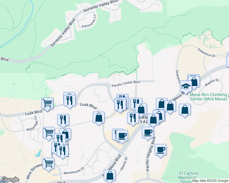 map of restaurants, bars, coffee shops, grocery stores, and more near 10165 Pacific Heights Boulevard in San Diego