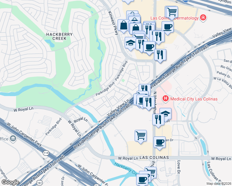 map of restaurants, bars, coffee shops, grocery stores, and more near 7384 San Jacinto Drive in Irving