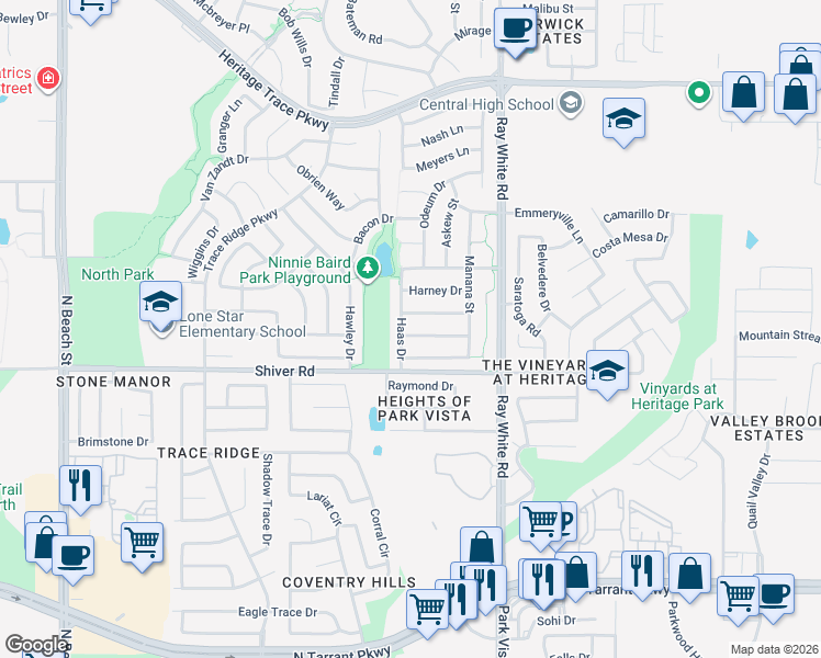 map of restaurants, bars, coffee shops, grocery stores, and more near 9001 Haas Drive in Fort Worth