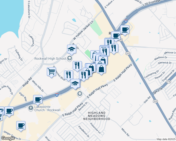 map of restaurants, bars, coffee shops, grocery stores, and more near East Interstate 30 in Rockwall