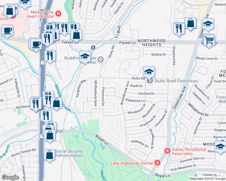 map of restaurants, bars, coffee shops, grocery stores, and more near 8448 Greenstone Drive in Dallas