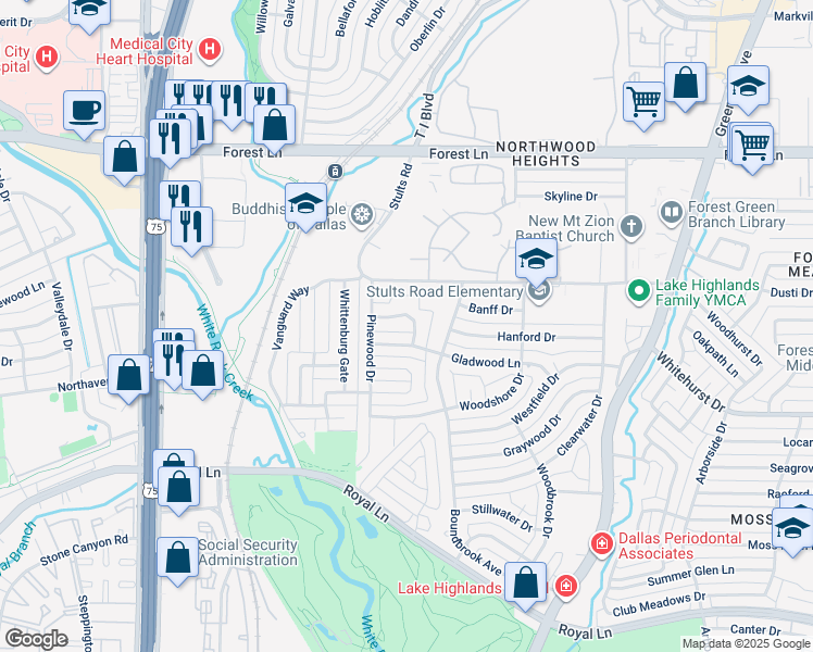 map of restaurants, bars, coffee shops, grocery stores, and more near 8448 Greenstone Drive in Dallas
