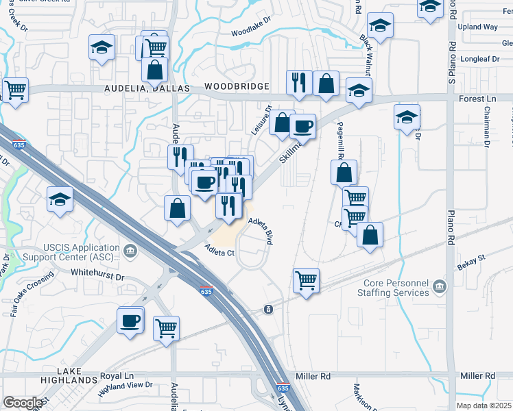 map of restaurants, bars, coffee shops, grocery stores, and more near 9440 Skillman Street in Dallas