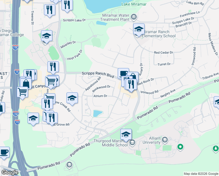map of restaurants, bars, coffee shops, grocery stores, and more near 10697 Arboretum Place in San Diego