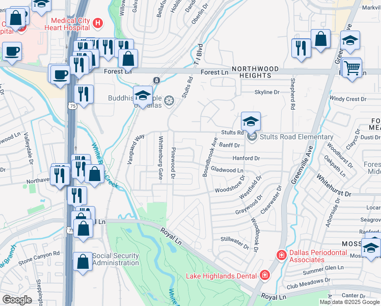 map of restaurants, bars, coffee shops, grocery stores, and more near 8431 Greenstone Drive in Dallas