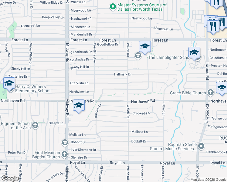 map of restaurants, bars, coffee shops, grocery stores, and more near 4532 Alta Vista Lane in Dallas