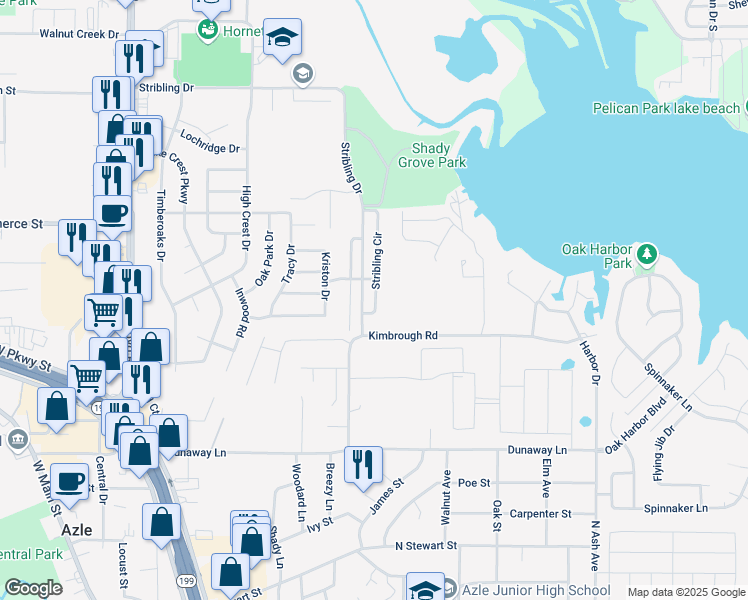 map of restaurants, bars, coffee shops, grocery stores, and more near 652 Stribling Circle in Azle