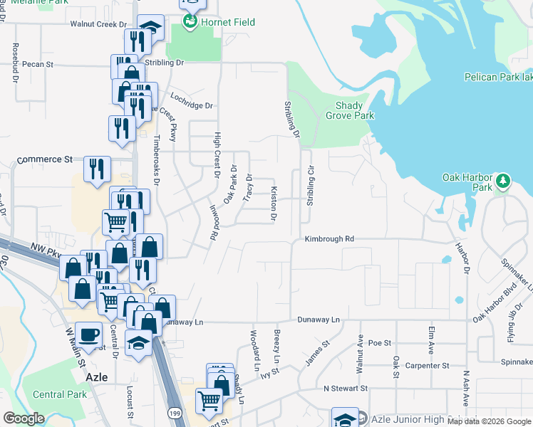 map of restaurants, bars, coffee shops, grocery stores, and more near 524 Logan Drive in Azle