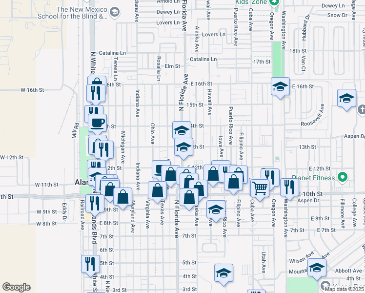 map of restaurants, bars, coffee shops, grocery stores, and more near 1300 North Florida Avenue in Alamogordo