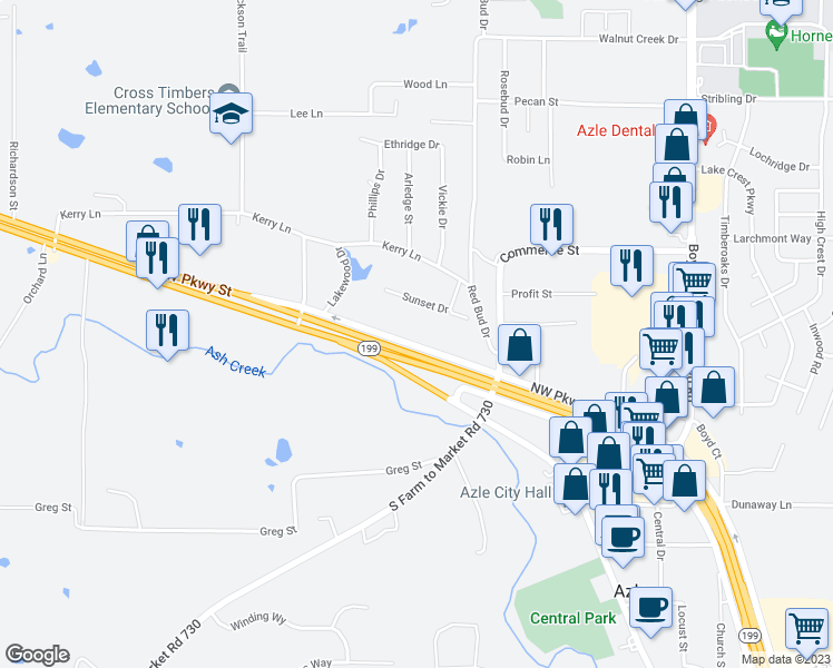map of restaurants, bars, coffee shops, grocery stores, and more near 820 Northwest Parkway Street in Azle