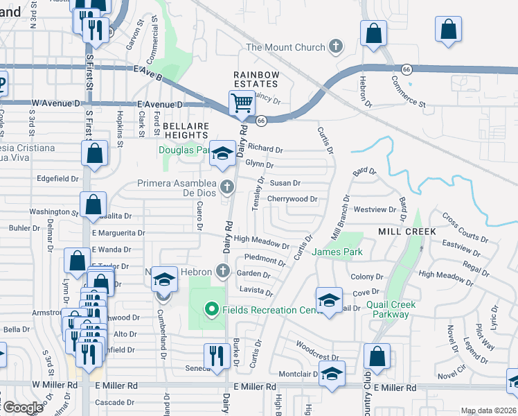 map of restaurants, bars, coffee shops, grocery stores, and more near 1013 Cherrywood Drive in Garland