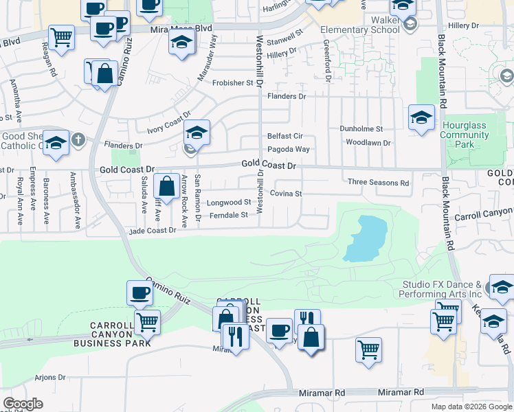 map of restaurants, bars, coffee shops, grocery stores, and more near 8747 Longwood Street in San Diego