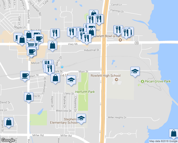 map of restaurants, bars, coffee shops, grocery stores, and more near 6829 Main Street in Rowlett