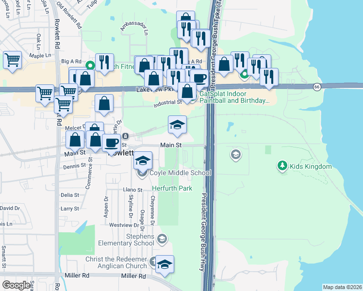 map of restaurants, bars, coffee shops, grocery stores, and more near 8829 Main Street in Rowlett