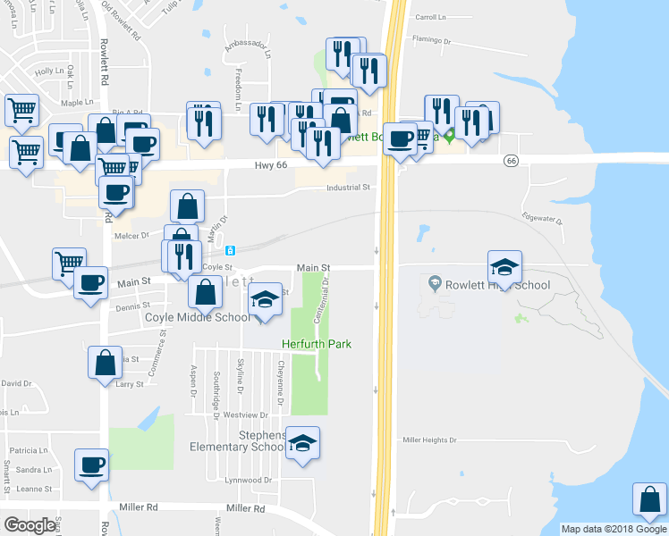 map of restaurants, bars, coffee shops, grocery stores, and more near 9529 Main Street in Rowlett
