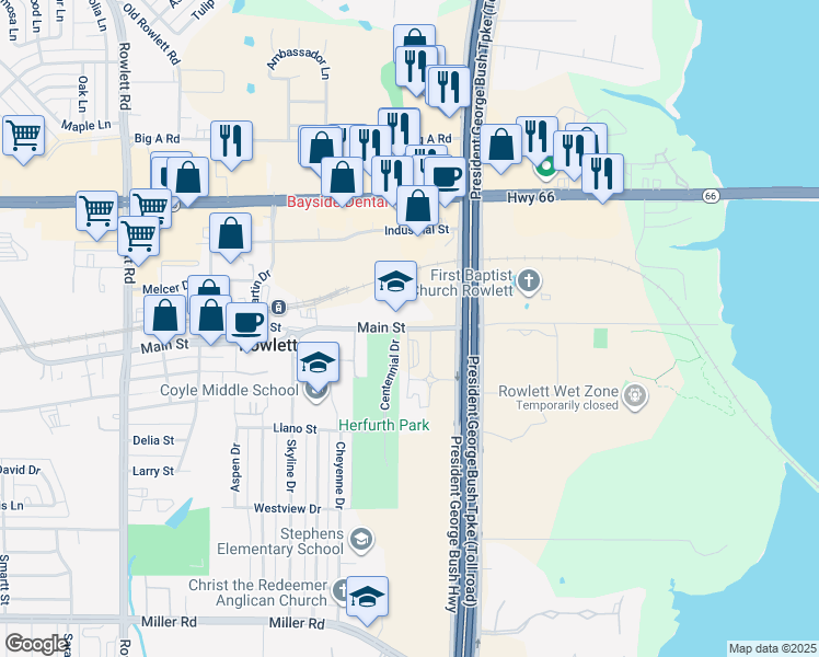 map of restaurants, bars, coffee shops, grocery stores, and more near 11109 Main Street in Rowlett