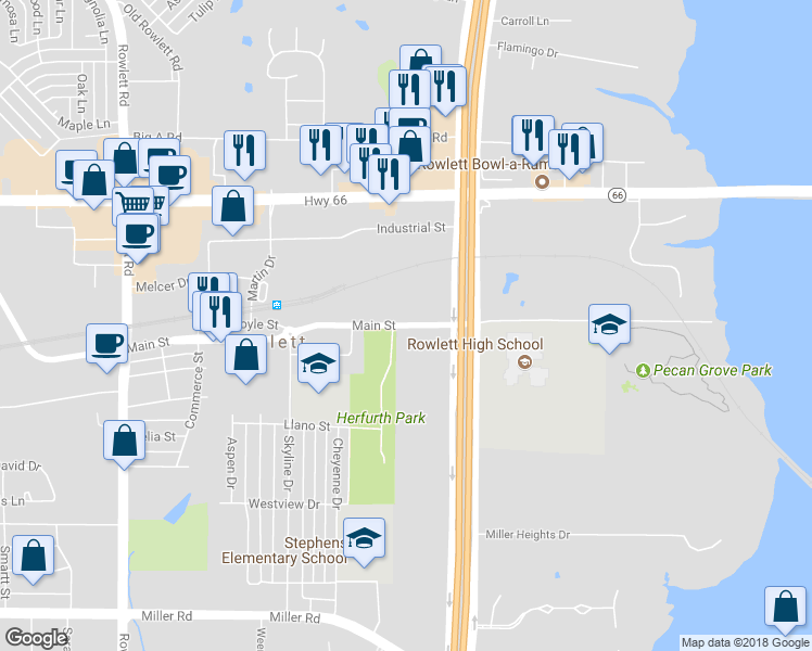 map of restaurants, bars, coffee shops, grocery stores, and more near 11403 Main Street in Rowlett