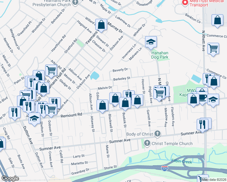 map of restaurants, bars, coffee shops, grocery stores, and more near 5732 Oleander Court in Hanahan