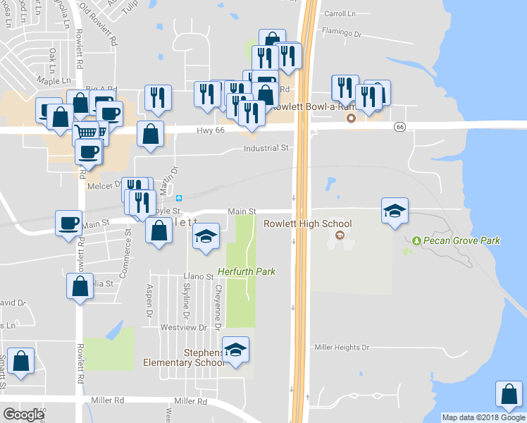 map of restaurants, bars, coffee shops, grocery stores, and more near 11887 Main Street in Rowlett