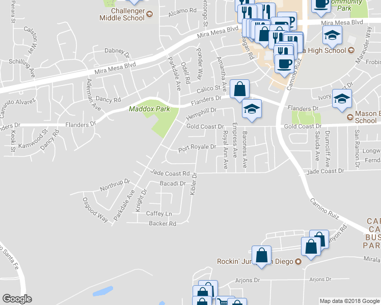 map of restaurants, bars, coffee shops, grocery stores, and more near 10233 Kaiser Place in San Diego