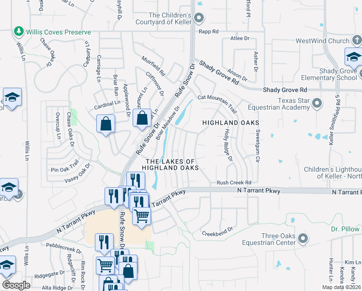 map of restaurants, bars, coffee shops, grocery stores, and more near 1504 Highland Lakes Drive in Keller