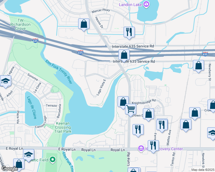 map of restaurants, bars, coffee shops, grocery stores, and more near 1580 Mira Lago Boulevard in Farmers Branch