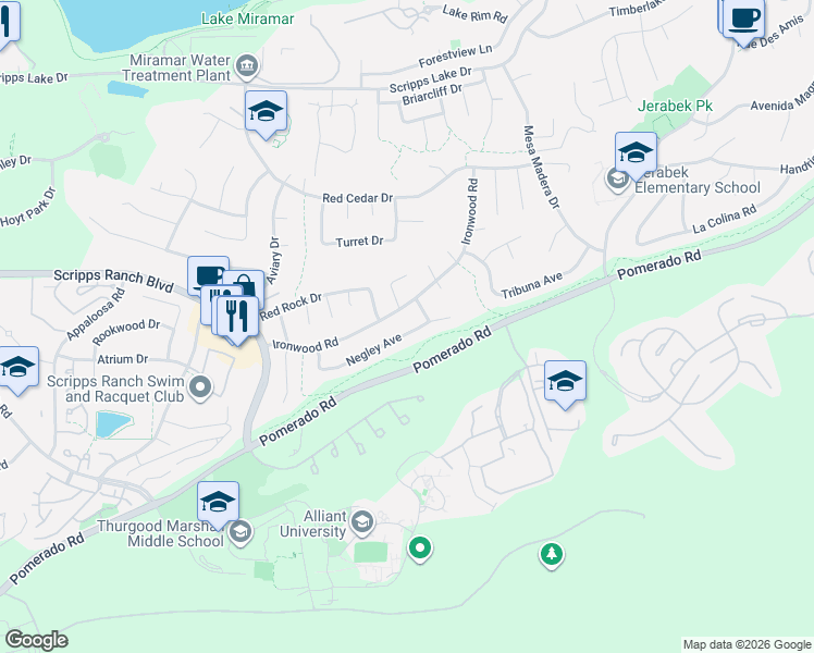 map of restaurants, bars, coffee shops, grocery stores, and more near 11091 Ironwood Road in San Diego