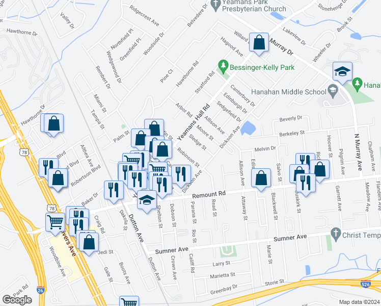map of restaurants, bars, coffee shops, grocery stores, and more near 5813 Sledge Street in Hanahan