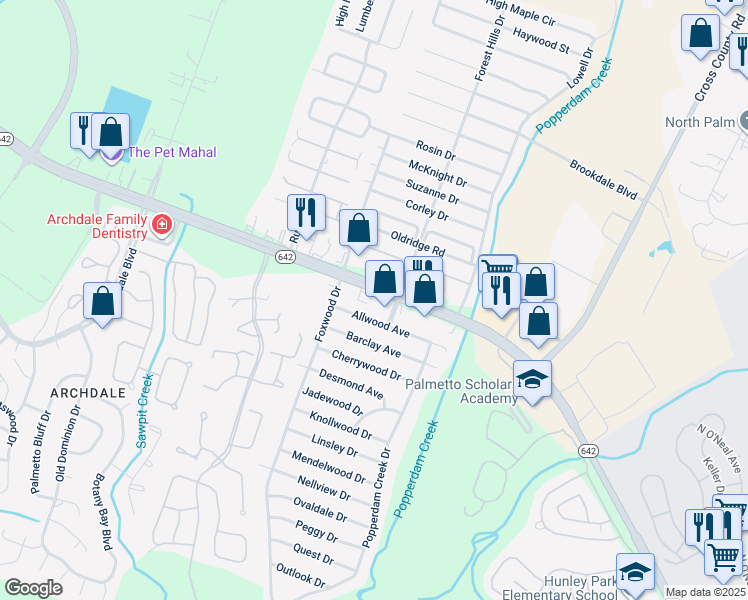 map of restaurants, bars, coffee shops, grocery stores, and more near in North Charleston