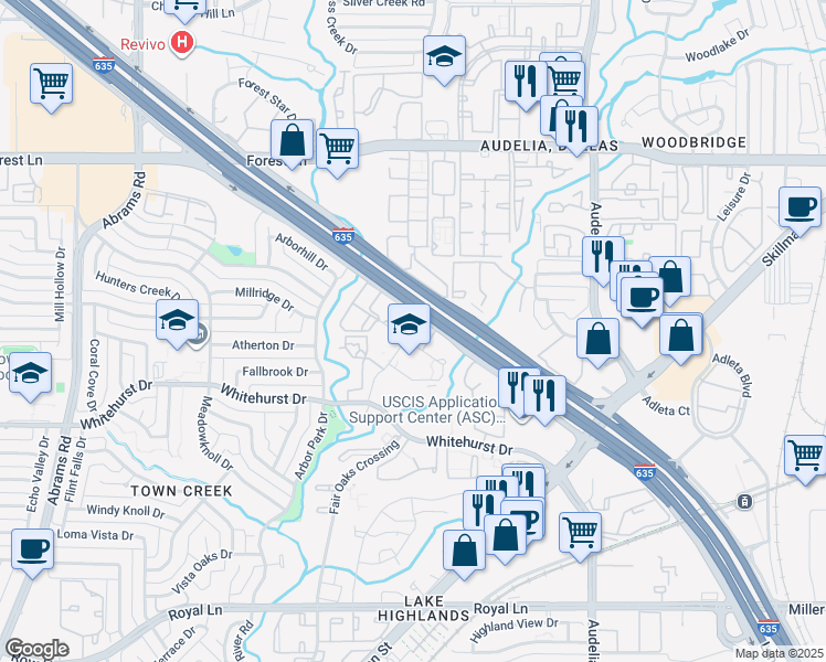 map of restaurants, bars, coffee shops, grocery stores, and more near 9701 West Ferris Branch Boulevard in Dallas