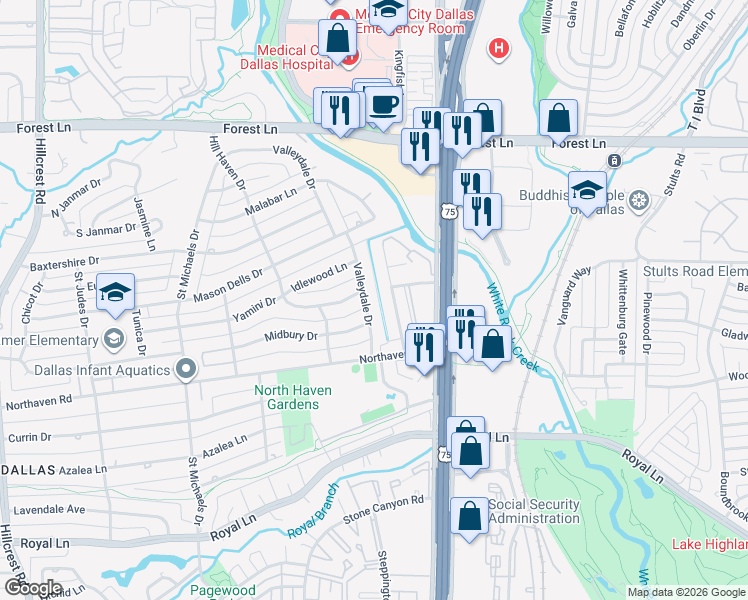 map of restaurants, bars, coffee shops, grocery stores, and more near 11336 Valleydale Drive in Dallas