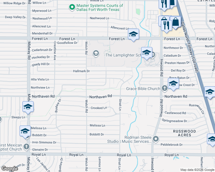 map of restaurants, bars, coffee shops, grocery stores, and more near 4680 College Park Drive in Dallas