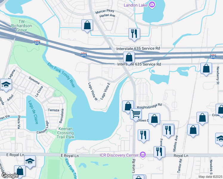 map of restaurants, bars, coffee shops, grocery stores, and more near 119 Lago Vista East in Farmers Branch
