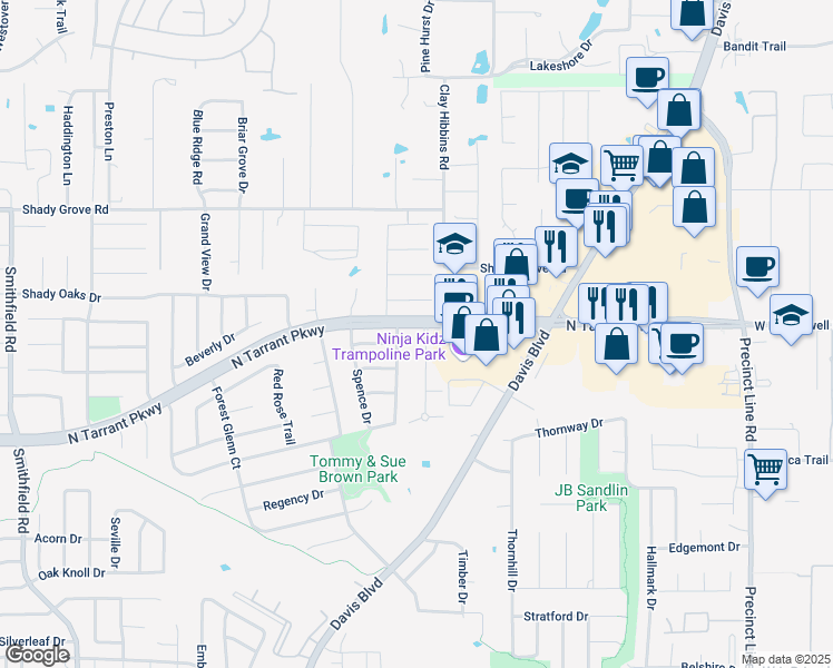 map of restaurants, bars, coffee shops, grocery stores, and more near 8620 Amhurst Court in North Richland Hills