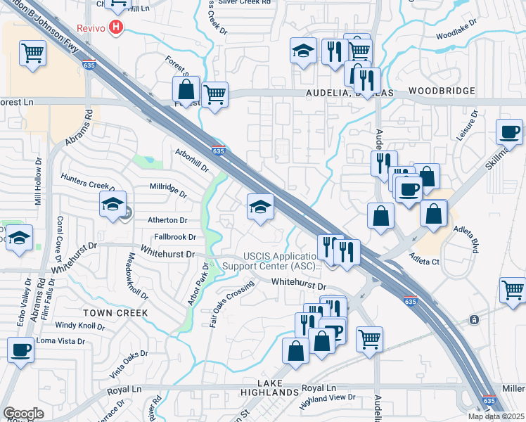 map of restaurants, bars, coffee shops, grocery stores, and more near 9701 West Ferris Branch Boulevard in Dallas