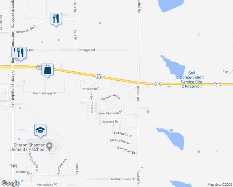 map of restaurants, bars, coffee shops, grocery stores, and more near 3840 Juniper Hills Drive in Rockwall