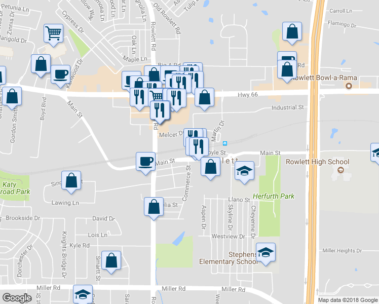 map of restaurants, bars, coffee shops, grocery stores, and more near 8578 Commerce Street in Rowlett