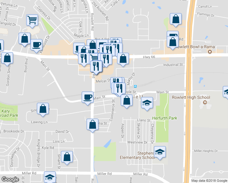 map of restaurants, bars, coffee shops, grocery stores, and more near 9184 Commerce Street in Rowlett