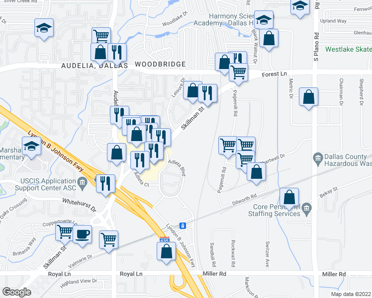 map of restaurants, bars, coffee shops, grocery stores, and more near 9350 Skillman Street in Dallas